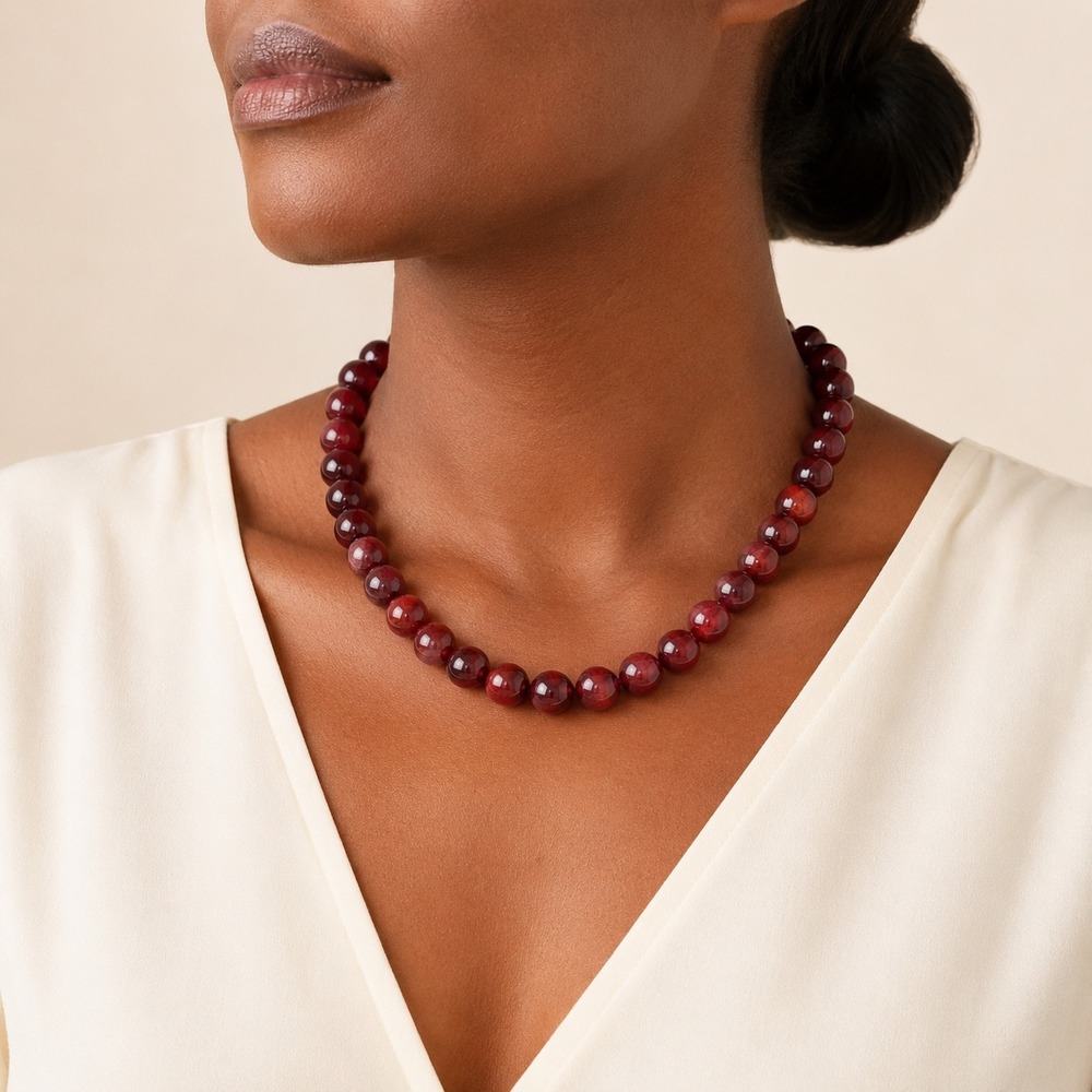 Red Garnet Bead Necklace 18 Inch Round Polished Stone Gold Tone Clasp Maroon